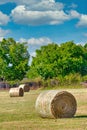 Scenic farm landscape with rolled hay bales, trees and blue sky