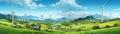 Scenic Farm Landscape With Windmills, Wind Turbines, And Green Fields. Panoramic Banner. Generative AI