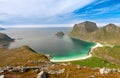 Scenic fjord on Lofoten islands with typical fishing hut