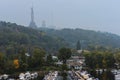 Scenic foggy morning landscape view of famous Kyiv`s hills with famous Motherland Monument and Belfry of Kyiv Pechersk Lavra