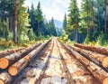 Forest Road with Cut Logs and Tall Pine Trees Royalty Free Stock Photo