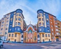 The scenic Frankel Leo Street Synagogue sandwiched between residential houses in Budapest, Hungary