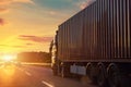 Scenic front view big long heavy semi-treailer truck with sea shipping container driving highway dramatic warm morning