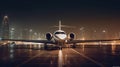 Scenic front view modern luxury expensive private jet plane parked airport taxiway hangar warm colorful dramatic evening