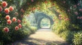A scenic garden path lined with roses and soft morning dew. picture Royalty Free Stock Photo