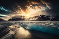 Scenic glacier during sunset with frozen waterways