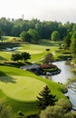 A scenic golf course with a bridge over a river surrounded by trees Royalty Free Stock Photo