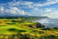 A scenic golf course with lush green fairways and a stunning view of the ocean, A panoramic view of a seaside golf course, AI Royalty Free Stock Photo