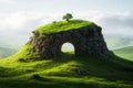 Scenic green hill with stone arch and small tree in sunlight Royalty Free Stock Photo