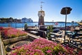 Scenic harbor of Oslo in Aker Brygge with clock tower view