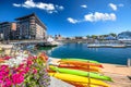 Scenic harbor of Oslo in Aker Brygge view from the hill Royalty Free Stock Photo