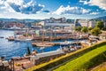 Scenic harbor of Oslo in Aker Brygge view from the hill Royalty Free Stock Photo