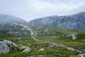 Scenic hiking path to famous Kjerag stone. Norway.