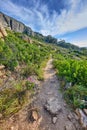 A scenic hiking trail along Lions Head mountain in Cape Town, South Africa against a cloudy blue sky background. A lush Royalty Free Stock Photo
