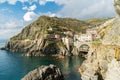 Scenic hiking trail and train station in Riomaggiore in Cinque Terre National Park, UNESCO world heritage, La Spezia region,