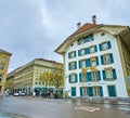 Scenic historic building on Bundesplatz with restaurant on ground floor in Bern, Switzerland