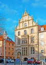 Hisotirc mansion with sun dial, An der Martinkirche street, Braunschweig, Germany