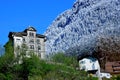 Scenic house in snowy mountain Alps