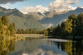 Reflections on Matheson Lake in Fox Glacier with the Southern alps in the background in the West Coast New Zealand Royalty Free Stock Photo