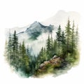 Hyper Realistic Watercolor Landscape Painting Of Forest With Mountains