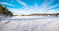 Scenic image of spruces tree. Blue cloud sky, calm wintry panorama scene. Ski resort. Great picture of wild area. Explore the