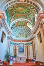 The interior of Chiesa di Porza church, with scenic ceiling decorations, Porza town, Switzerland