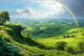 A scenic Irish countryside landscape with a rainbow ending in a pot of gold, rolling green hills and a clear blue sky, picturesque