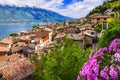 scenic Italian lakes Lago di Grada , view of beautiful village Limone sul Garda. Royalty Free Stock Photo