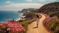 A picturesque road, surrounded by a sea of blooming flowers in every shade imaginable. Royalty Free Stock Photo