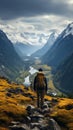 Scenic journey, hikers rear view as he immerses in mountainous beauty Royalty Free Stock Photo