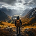 Scenic journey, hikers rear view as he immerses in mountainous beauty Royalty Free Stock Photo