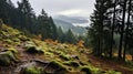 Scenic Knoll With Deciduous Trees And Firs In Rainy Weather