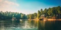 scenic Labor Day nature background showcasing a serene lakeside setting, where families gather for picnics, boating, and