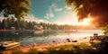 scenic Labor Day nature background showcasing a serene lakeside setting, where families gather for picnics, boating, and