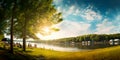 scenic Labor Day nature background showcasing a serene lakeside setting, where families gather for picnics, boating, and