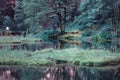 Magic lake turquoise coloured landscape with floating peat island, bench on the shore. Atmospheric romantic landscape, beautiful