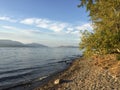 Scenic lake landscape view with rocky beach and waves on shoreline.