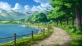 Scenic lakeside path amidst mountains, imbued with anime charm