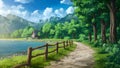 Scenic lakeside path amidst mountains, imbued with anime charm