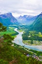 Scenic landscape Andalsnes city located on shores of Romsdal Fjord between the picturesque mountains. View from Rampestreken Royalty Free Stock Photo