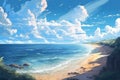 scenic landscape in anime style sea beach rocks beautiful clouds