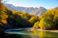 Scenic landscape with beautiful mountain river. Autumn in mountain forest. Royalty Free Stock Photo