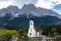 Scenic landscape of Church St Johannes, Wetterstein, Waxenstein and Zugspitze