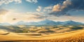 Scenic landscape of endless fields of ripe wheat against the backdrop of mountains