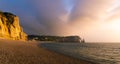 Scenic landscape of Etretat cliffs, falaise d`Aval, at dusk or sunset, natural landmark of Normandy Coast Royalty Free Stock Photo