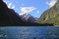 Scenic landscape featuring blue waters surrounded by mountains. Milford Sound, New Zealand. Royalty Free Stock Photo