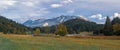 Scenic landscape of fields and mountains at Garmisch-Partenkirchen in Germany