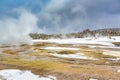 Scenic landscape of geothermal pools and mist in Yellowstone in