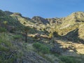 Scenic landscape at hiking trail through Barranco de Guarimiar Gorge. Green mountain canyon slopes with palm trees and