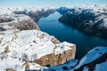 Scenic landscape of lake, river, sea with the rocky shore with mountains with snowy peaks. Top view of the Pulpit Rock